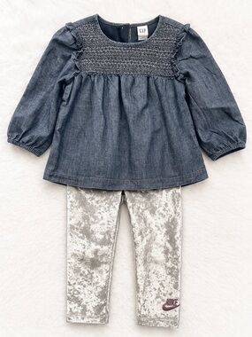 Gap Smocked Top + Nike Velvet Leggings Outfit 3T Girls Cute Set